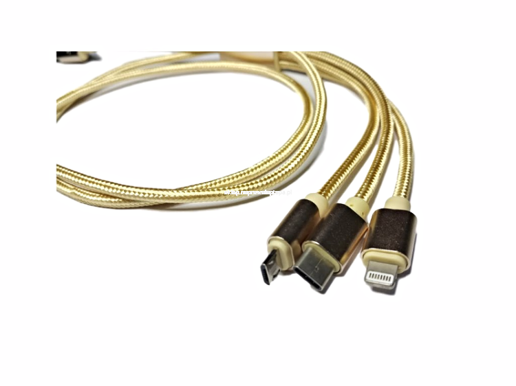 KABEL 3w1 NYLON IPHONE USB-C MICRO USB złoty