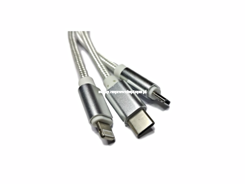 KABEL 3w1 NYLON IPHONE USB-C MICRO USB srebrny 1