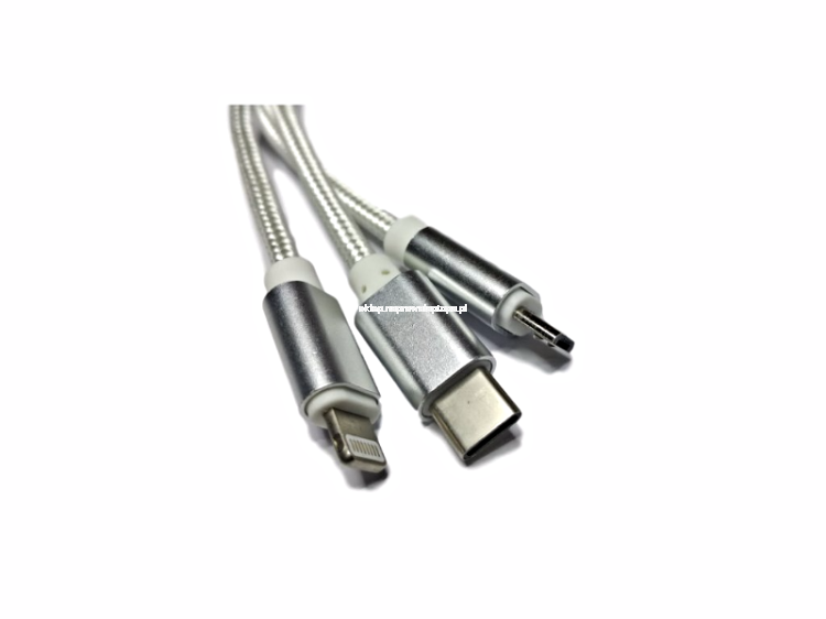 KABEL 3w1 NYLON IPHONE USB-C MICRO USB srebrny 1