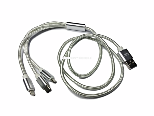 KABEL 3w1 NYLON IPHONE USB-C MICRO USB srebrny 