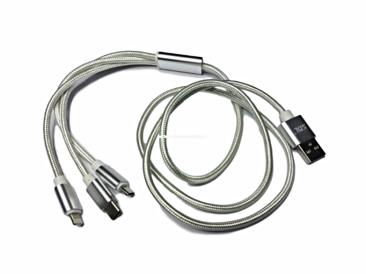 KABEL 3w1 NYLON IPHONE USB-C MICRO USB srebrny 